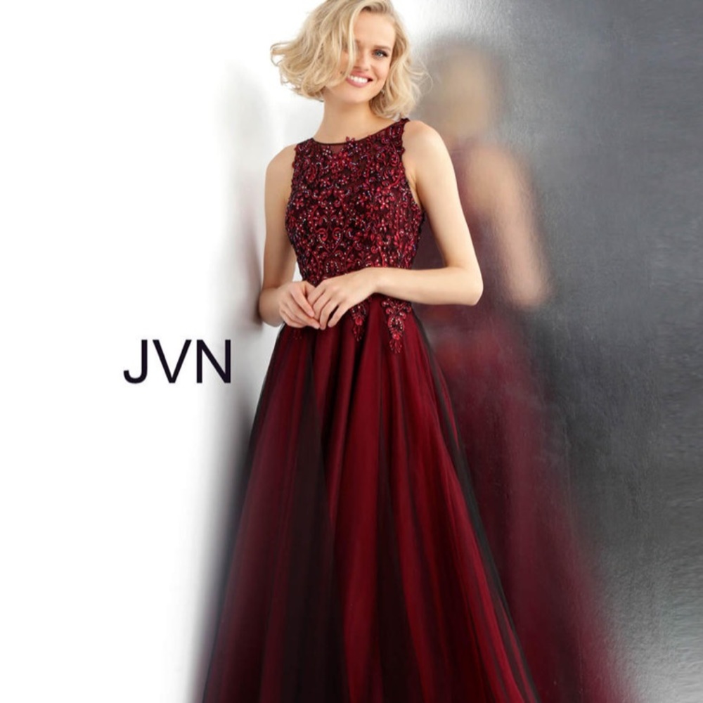 JVN by Jovani Wine/Black JVN66782 Beaded Bodice Prom Gown